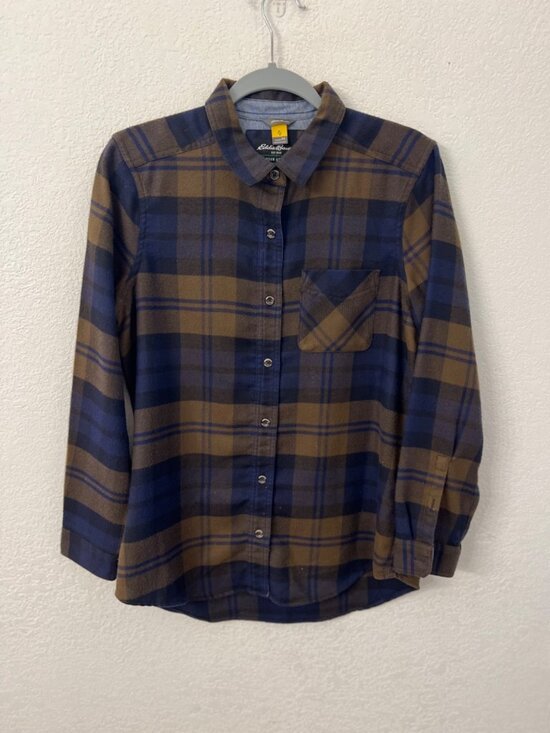Eddie Bauer Womens Plaid Button-Up Shirt Blue & Brown 95% Polyester 5% Cashmere - Picture 1 of 6